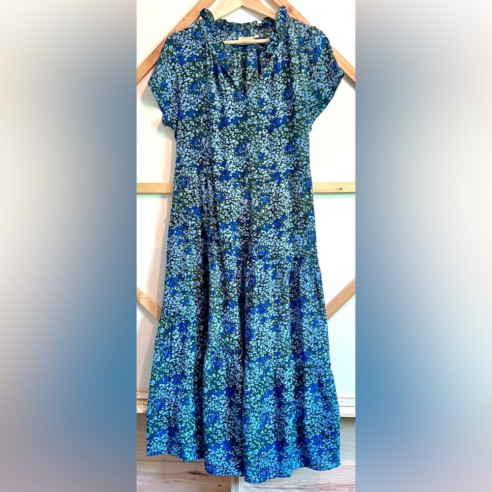 Rungolee Blue Green Floral Ruffled Silk Dress Sz M
